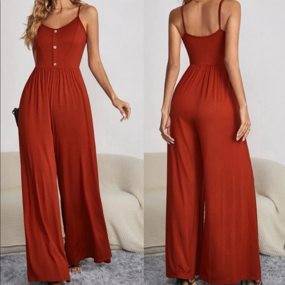 Boho button detail spaghetti straps Wide Leg jumpsuit GREEN - Picture 3 of 15